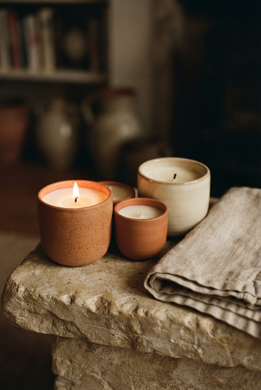 Four ceramic candles and folded linen sit on a rough stone pedestal in a warm, dim interior.