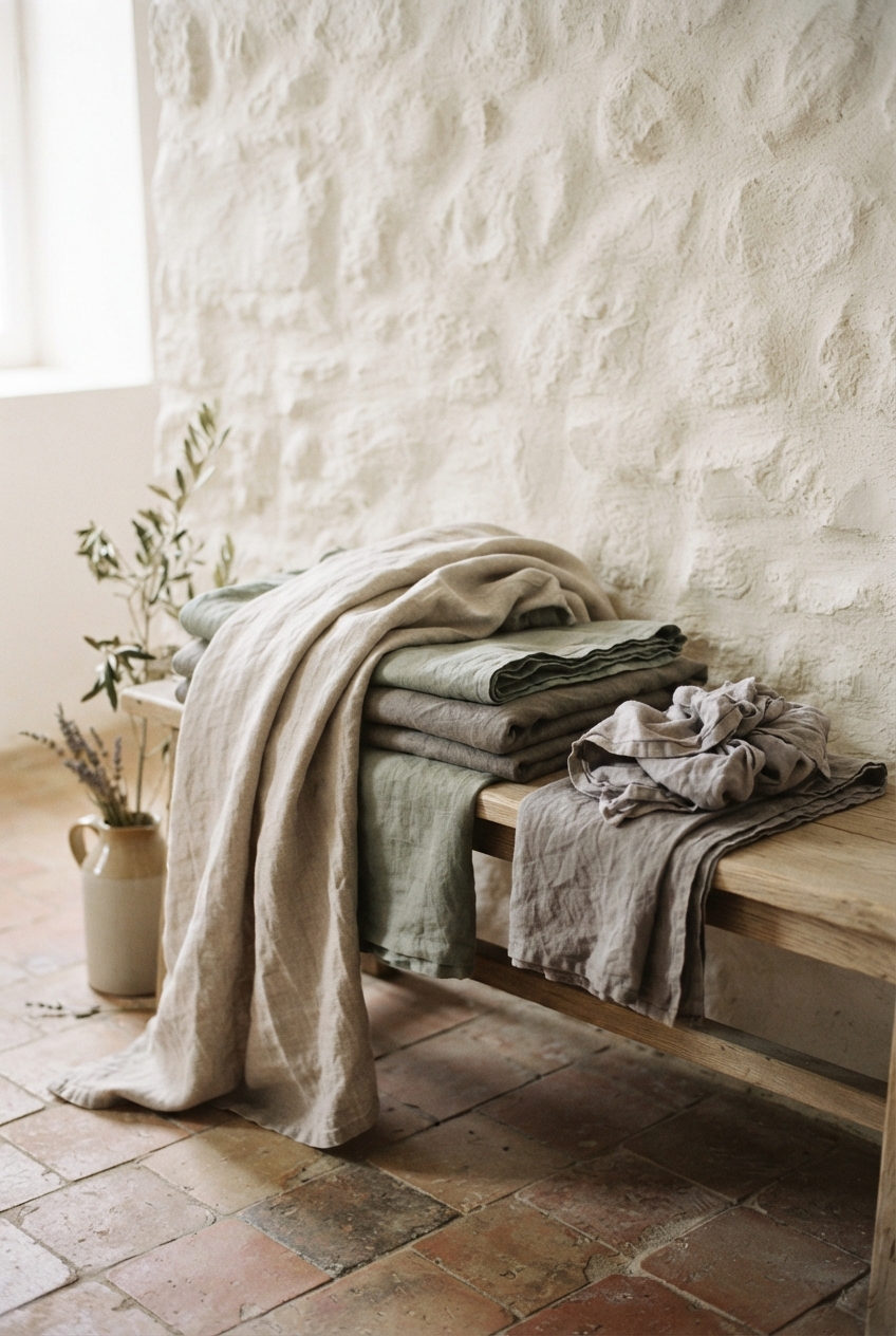 Folded linen fabrics drape over a rustic wooden bench beside a ceramic vase on a terracotta-tiled floor.