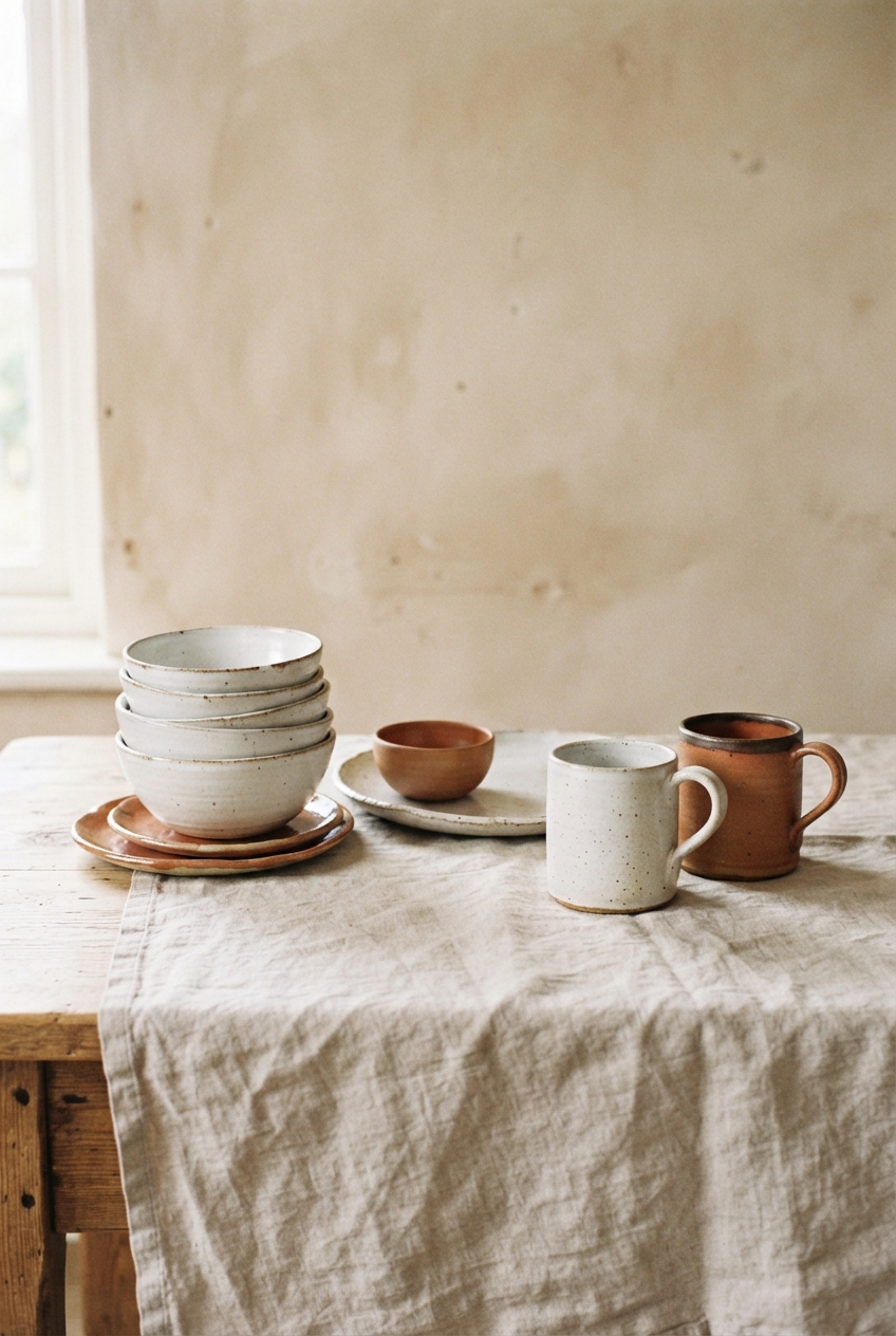 Rustic ceramic bowls, plates, and two mugs arranged on a linen-covered wooden table by a window.