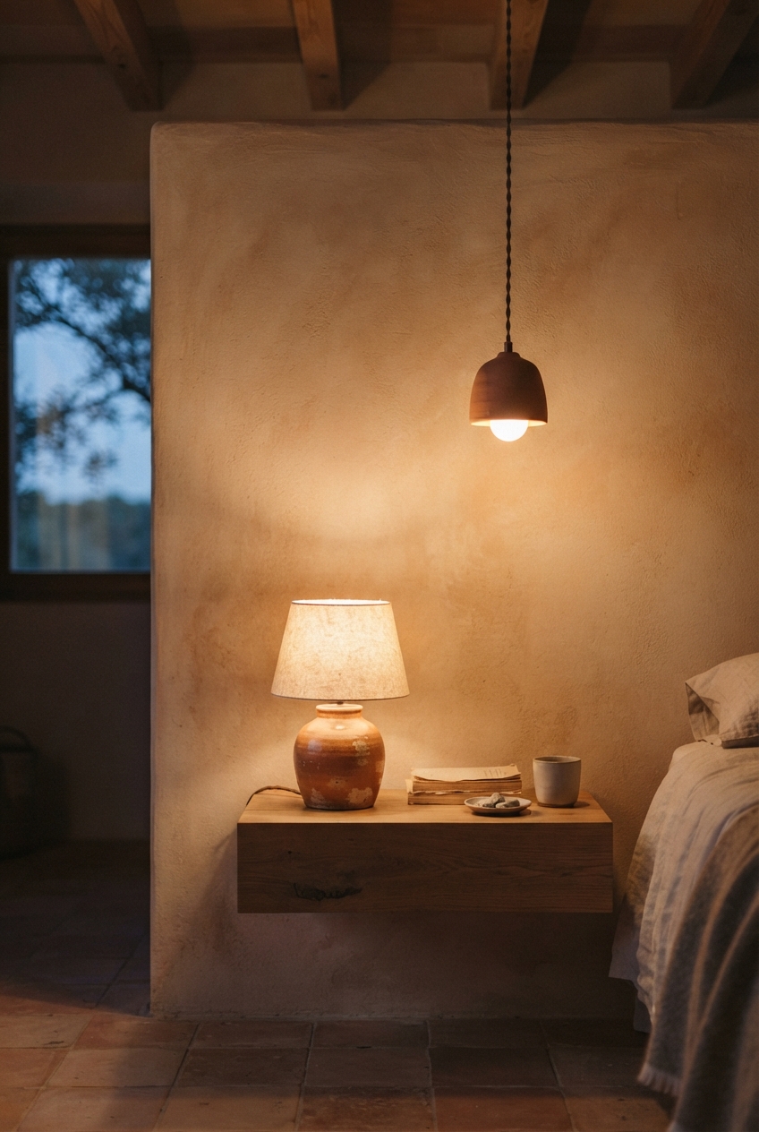 Rustic bedroom corner with two glowing lamps, a floating nightstand, bed, tiled floor, and window.