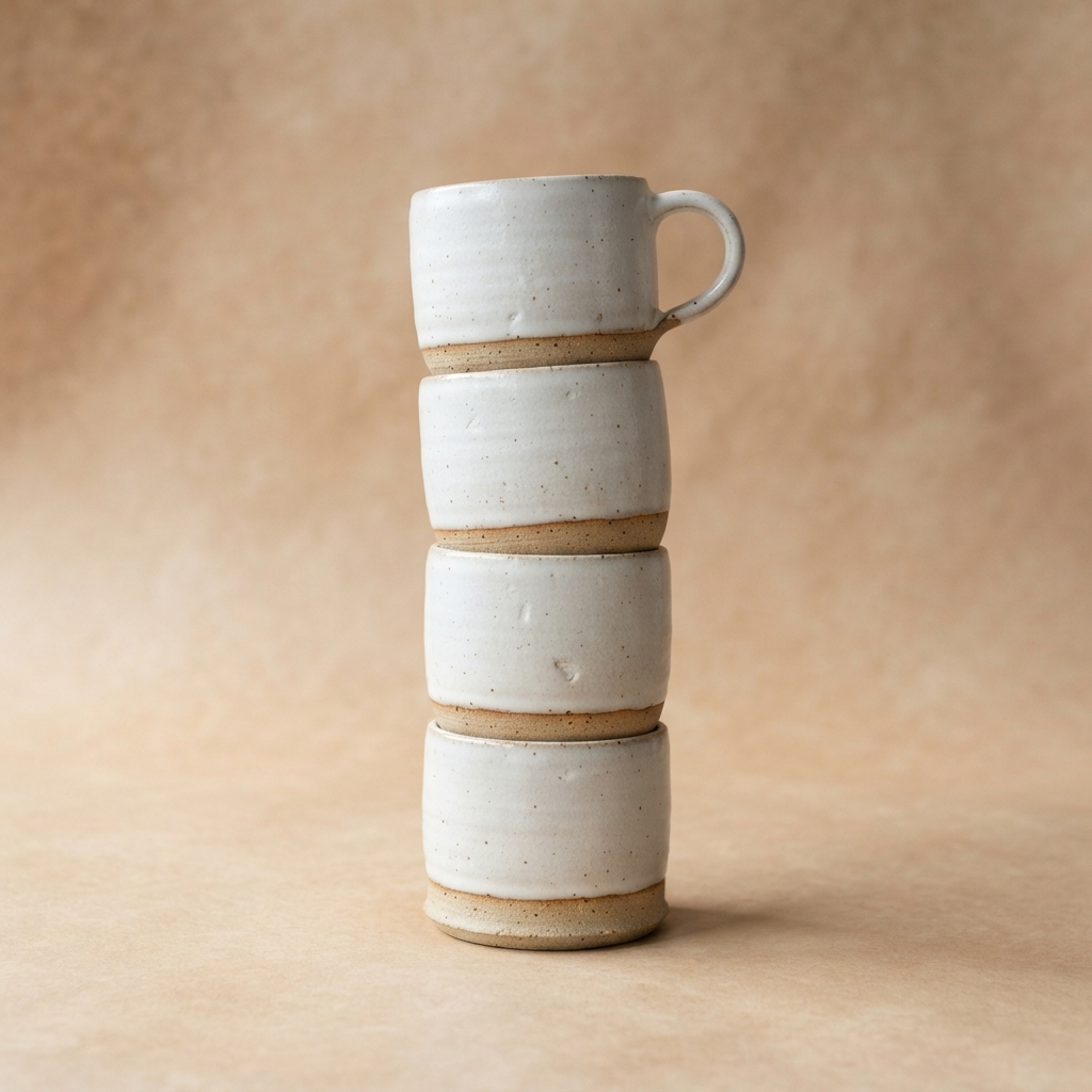 Four speckled off-white ceramic vessels are stacked vertically, with a handled mug on top.