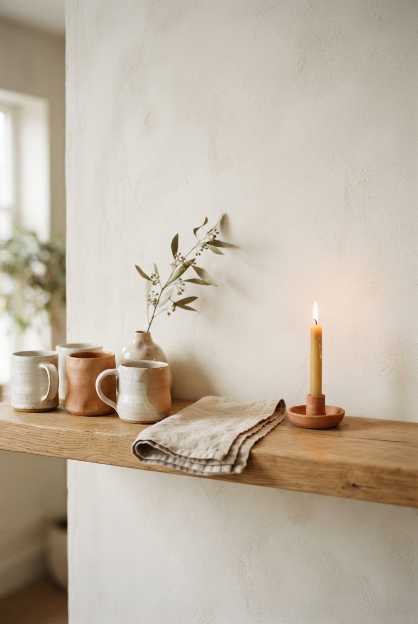 Rustic shelf with ceramic mugs, a leafy vase, folded linen, and a lit candle against a plaster wall.