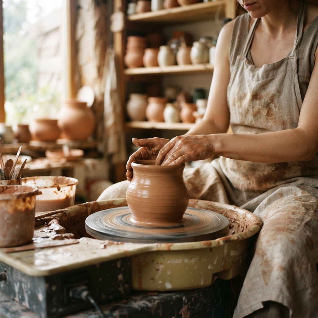 Potter shaping a clay vessel on a wheel in a warm, pottery-filled studio.