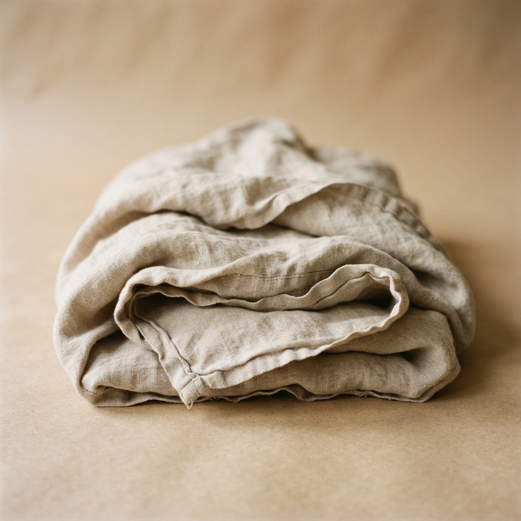 Loosely folded beige linen fabric rests on a warm tan surface.